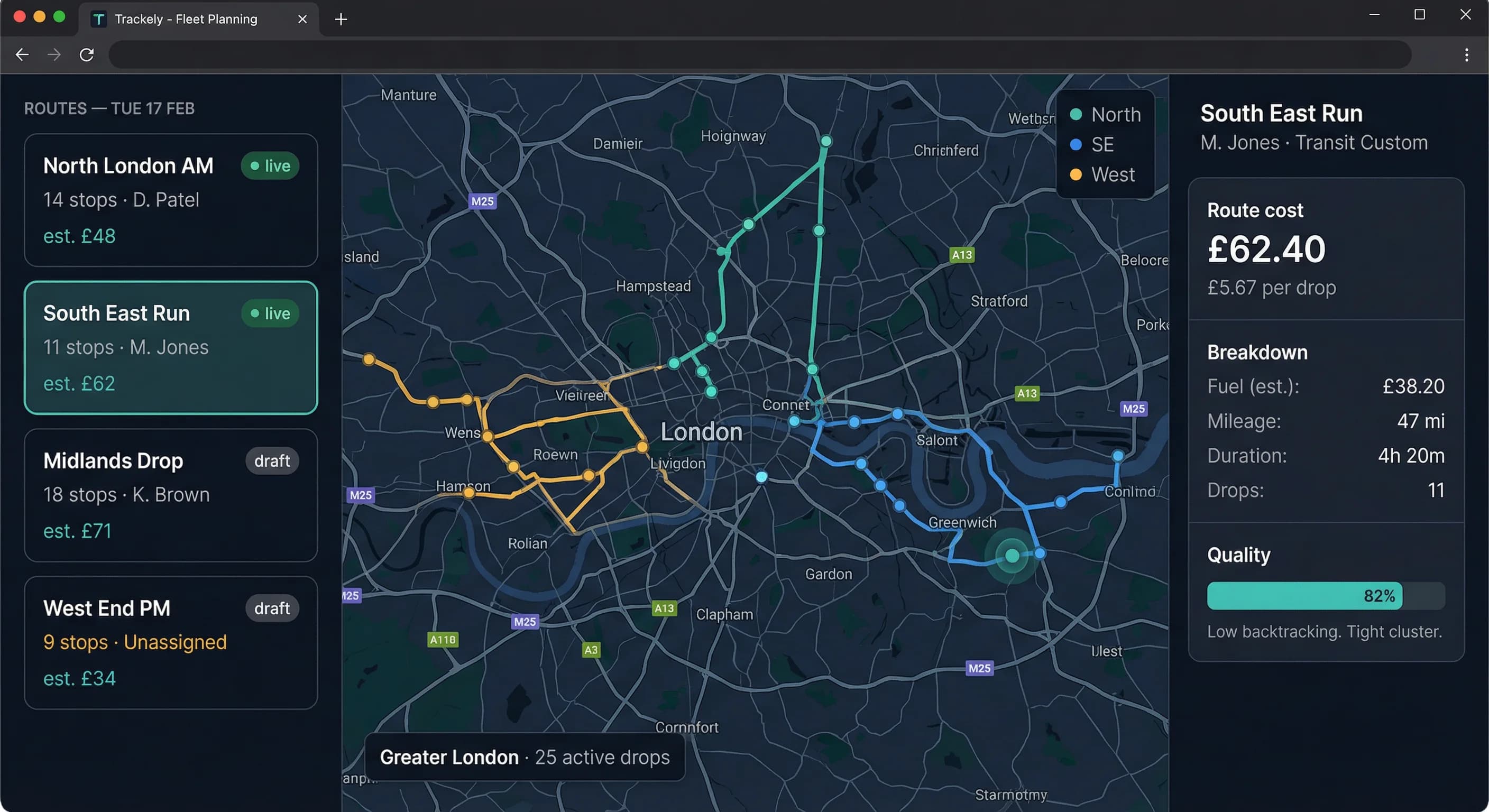 Trackely planning workspace: route list, map, and cost breakdown