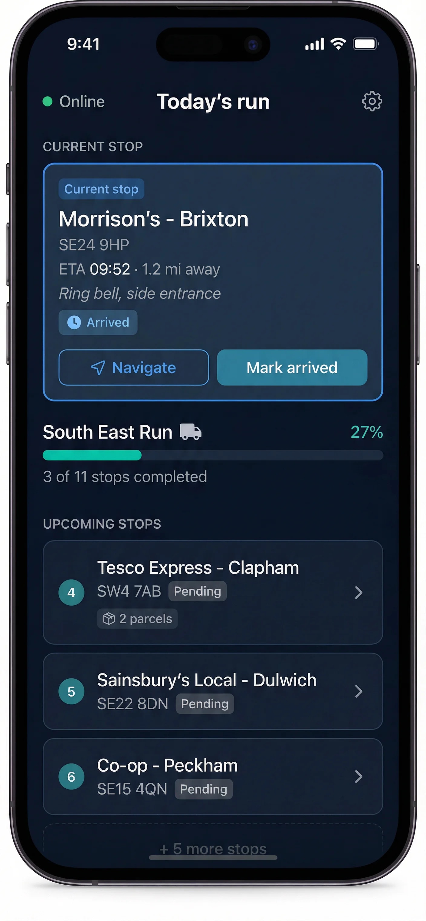 Trackely driver mobile app showing current stop with navigation, route progress bar, and upcoming delivery stops
