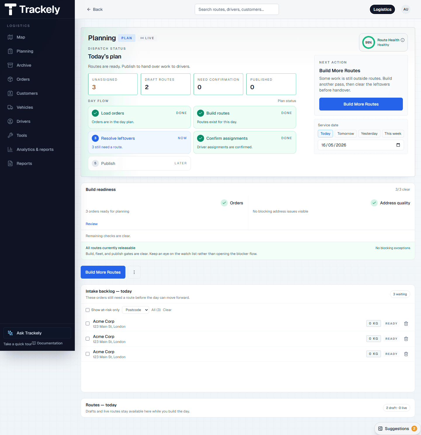 Trackely planning screen