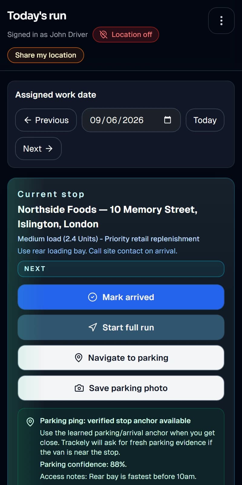 Trackely driver mobile workflow showing stop completion and proof capture